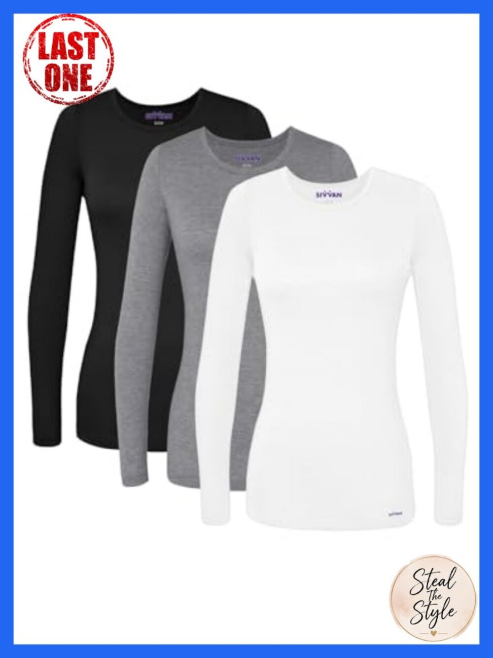 3-Pack Womens Long Sleeve Crew Neck Scrub Tee Undershirt